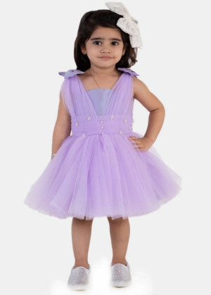 Lavender Tulle Pearls Embellished Knee Length Flower Girl Dress